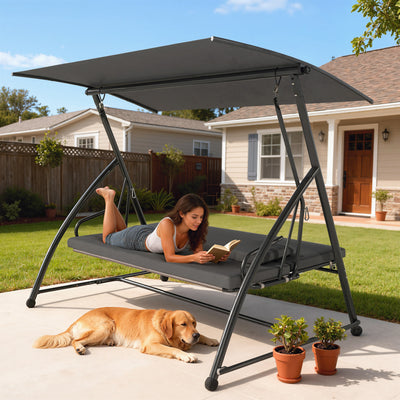 Outsunny Outdoor 2-in-1 Swing Chair Lounger 3 Seater Garden Swing Seat Bed Convertible Tilt Canopy W/ Cushion, Dark Grey 