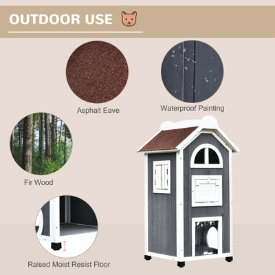 PawHut Wooden Cat House, Weatherproof Pet Shelter, Outdoor Cat Condos Cave, 2 Floor Furniture, Grey and White 