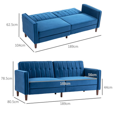 HOMCOM Velvet-Feel Three-Seater Sofa Bed - Blue 
