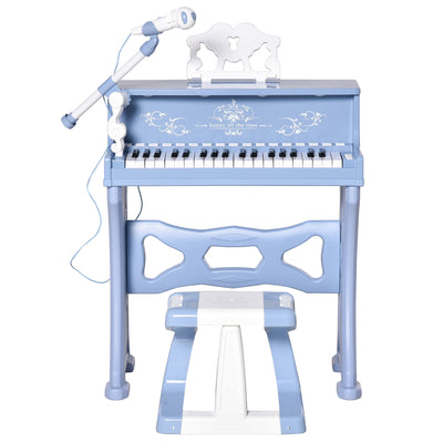 HOMCOM 37 Keys Kids Piano Mini Electronic Keyboard Light Kids Musical Instrument Educational Game Children Grand Piano Toy Set w/Stool & Microphone & Music Stand (Blue) 