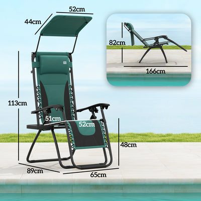 Outsunny Zero Gravity Lounger Chair, Folding Reclining Patio Chair with Shade Cover, Padded Seat, Cup Holder, Soft Cushion and Headrest for Poolside, Camping, Green 