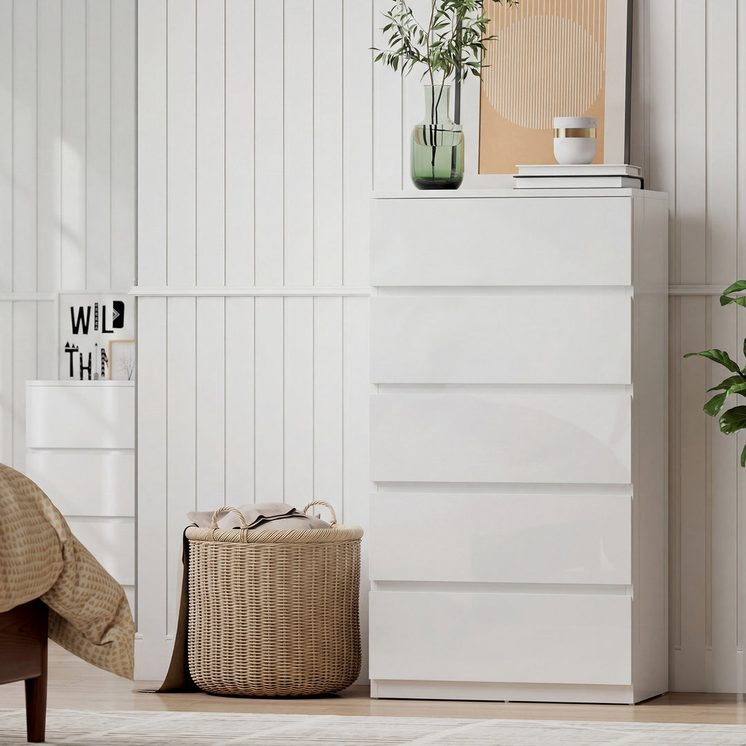 HOMCOM Chest of Drawers, 5-Drawer Storage Cabinets, Modern Dresser, Storage Drawer Unit for Bedroom - High Gloss White