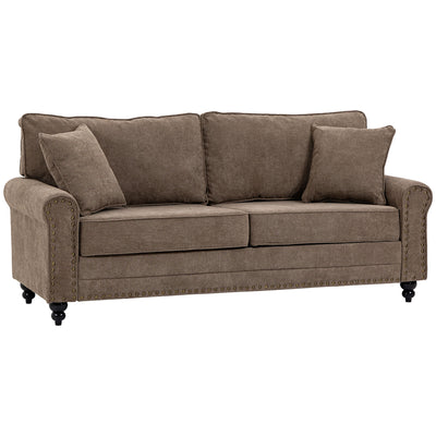HOMCOM 3 Seater Sofas for Living Room, Fabric Sofa with Nailhead Trim, Cushions and Pillows, Brown 
