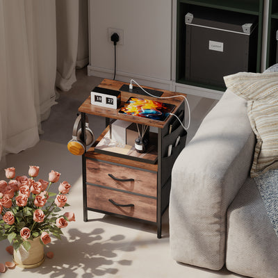 HOMCOM Bedside Table with Charging Station - Rustic Brown 