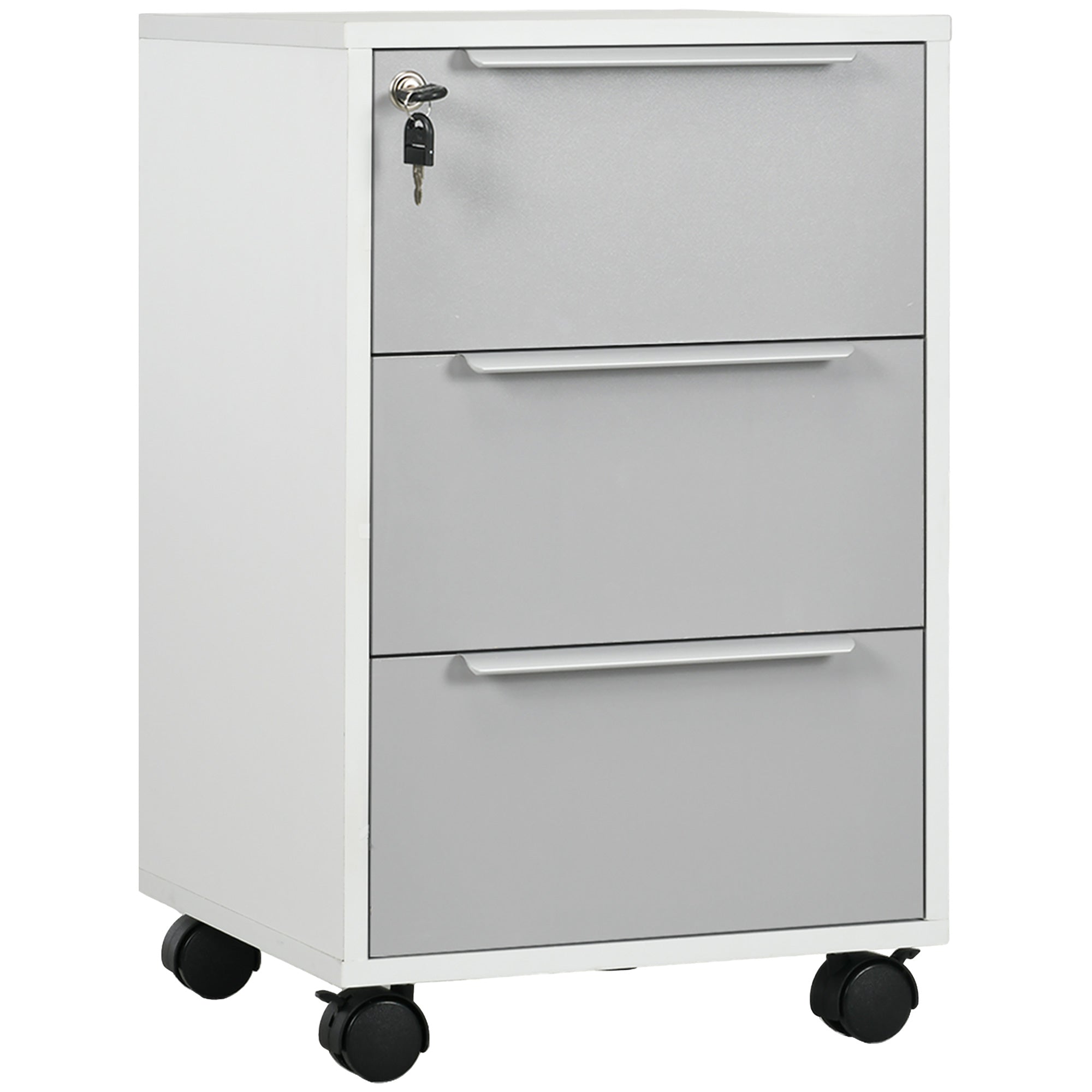 HOMCOM 3-Drawer Lockable Filing Cabinet, File Cabinet on Wheels, Mobile Office Storage Drawers for Home Office, Bedroom and Living room, White and Grey 