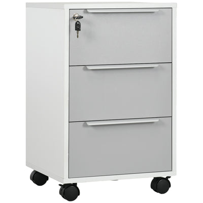 HOMCOM 3-Drawer Lockable Filing Cabinet, File Cabinet on Wheels, Mobile Office Storage Drawers for Home Office, Bedroom and Living room, White and Grey 