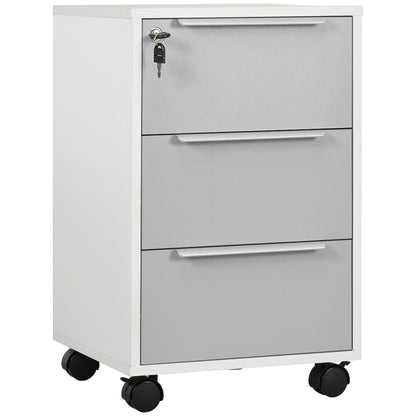 HOMCOM 3-Drawer Lockable Filing Cabinet, File Cabinet on Wheels, Mobile Office Storage Drawers for Home Office, Bedroom and Living room, White and Grey 