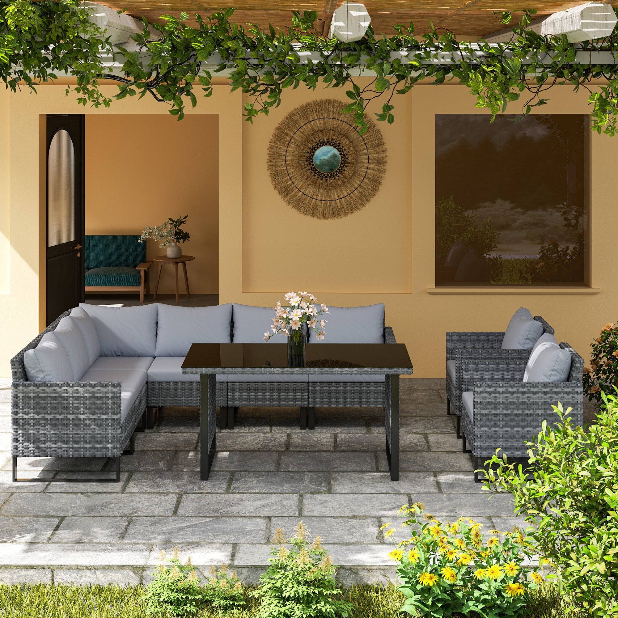 Outsunny 9 Piece Rattan Garden Furniture Set, 8 Seater Garden Corner Sofa with Cushions and Glass Top Table, Sectional Outdoor Furniture Conservatory Set for Patio, Light Grey 