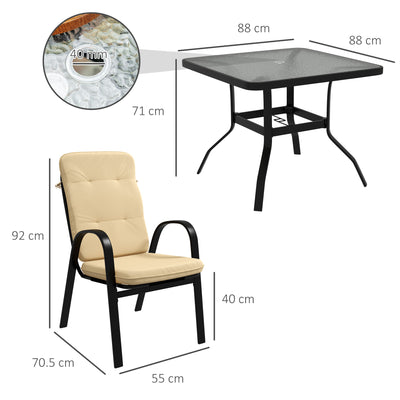 Outsunny 5 Pieces Outdoor Square Garden Dining Set w/ Tempered Glass Dining Table 4 Cushioned Armchairs, Umbrella Hole, Beige 