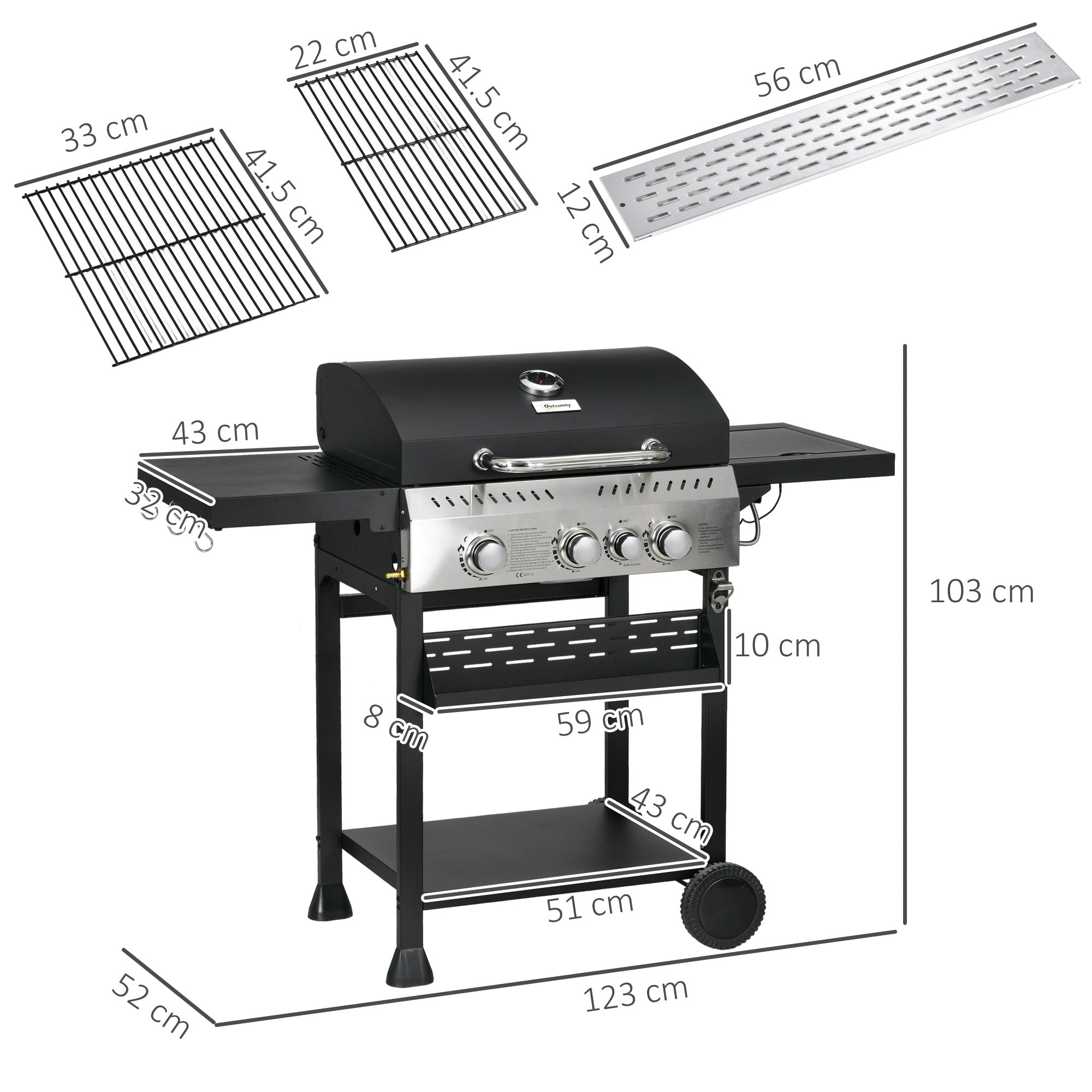 Outsunny Four-Burner Steel Gas Grill, with Thermometer - Black 
