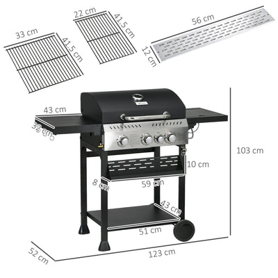 Outsunny Four-Burner Steel Gas Grill, with Thermometer - Black 
