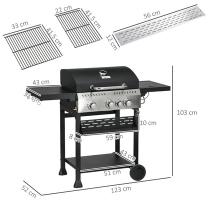Outsunny Four-Burner Steel Gas Grill, with Thermometer - Black 