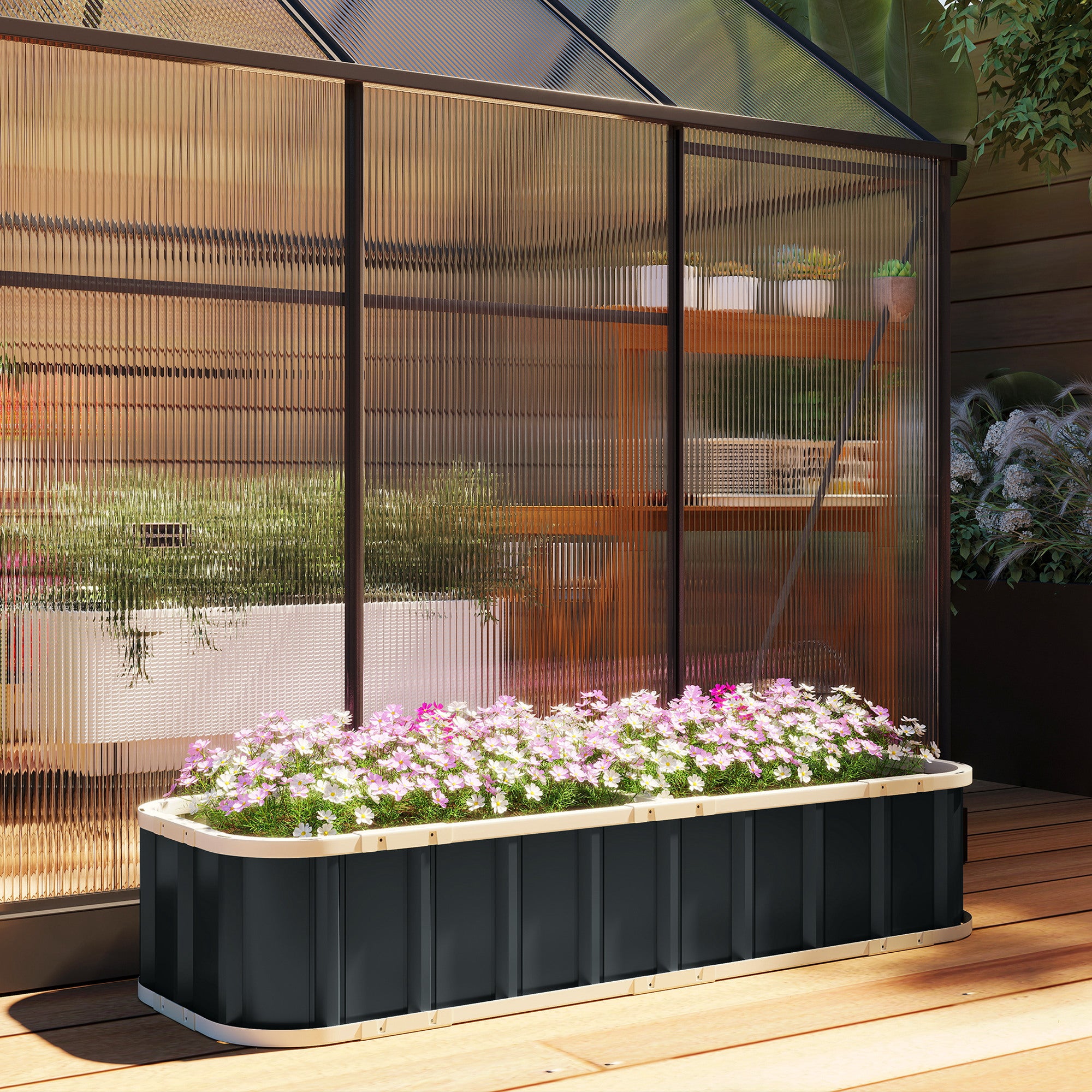 Outsunny Galvanised Raised Garden Bed, 5 x 2 x 1 ft Metal Planter with Gloves and Folded Edging, Dark Grey 