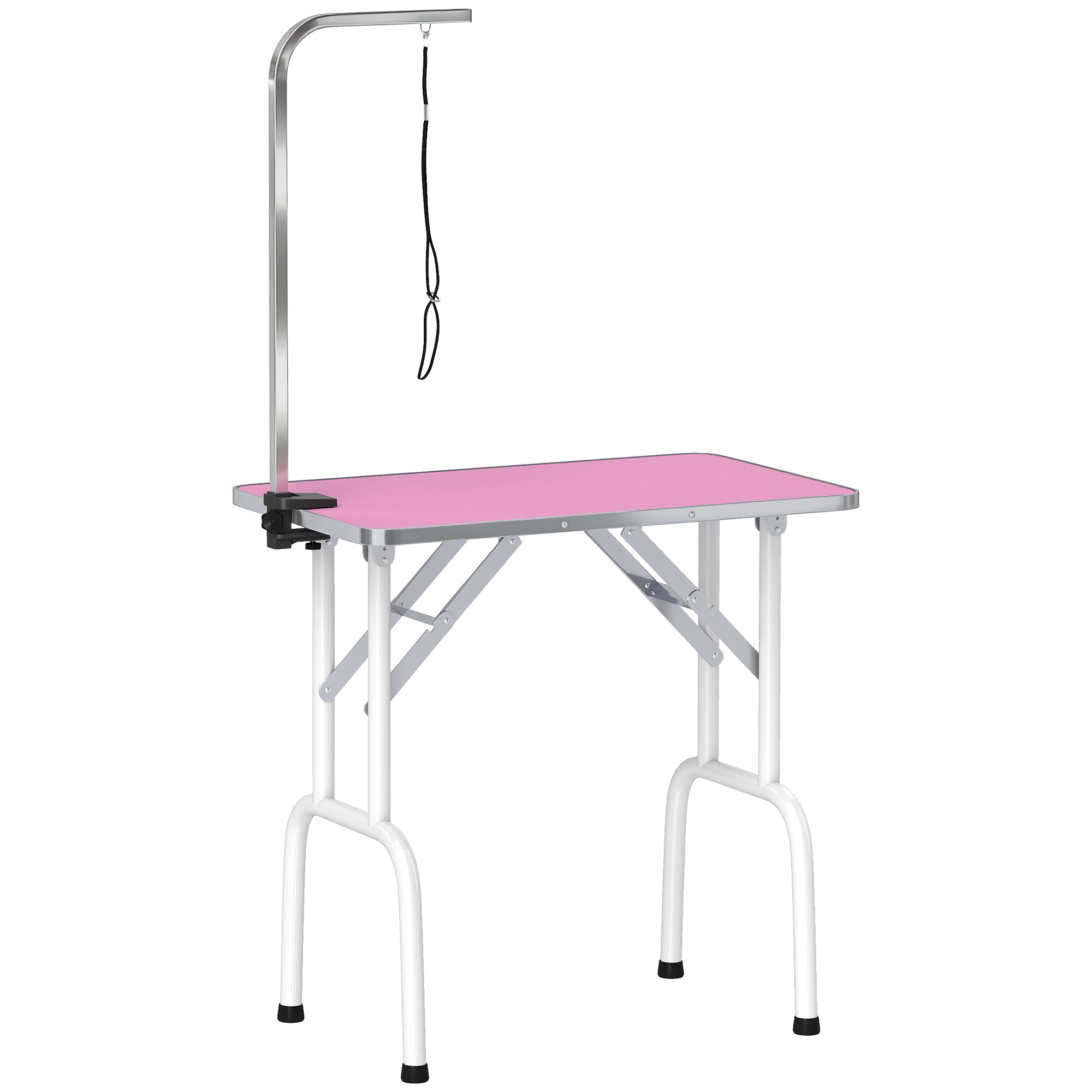 PawHut 32" Foldable Dog Grooming Table Pet Drying Beauty Table Adjustable Fixed Arm Rubber Top, Pink 