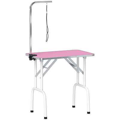 PawHut 32" Foldable Dog Grooming Table Pet Drying Beauty Table Adjustable Fixed Arm Rubber Top, Pink 