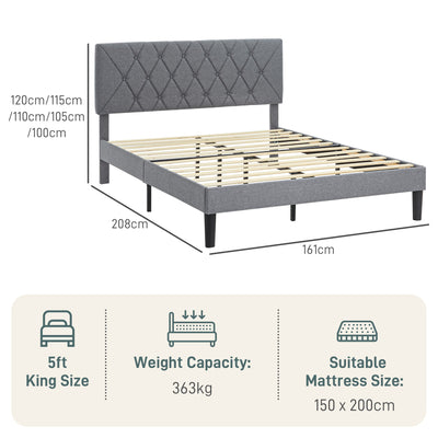 HOMCOM King Size Padded Fabric Headboard Bed Frame - Grey 