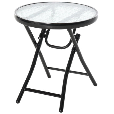 Outsunny Foldable Garden Table, Round Folding Table with Glass Tabletop and Safety Buckle for Patio, Garden, Outdoor, Indoor, Black 