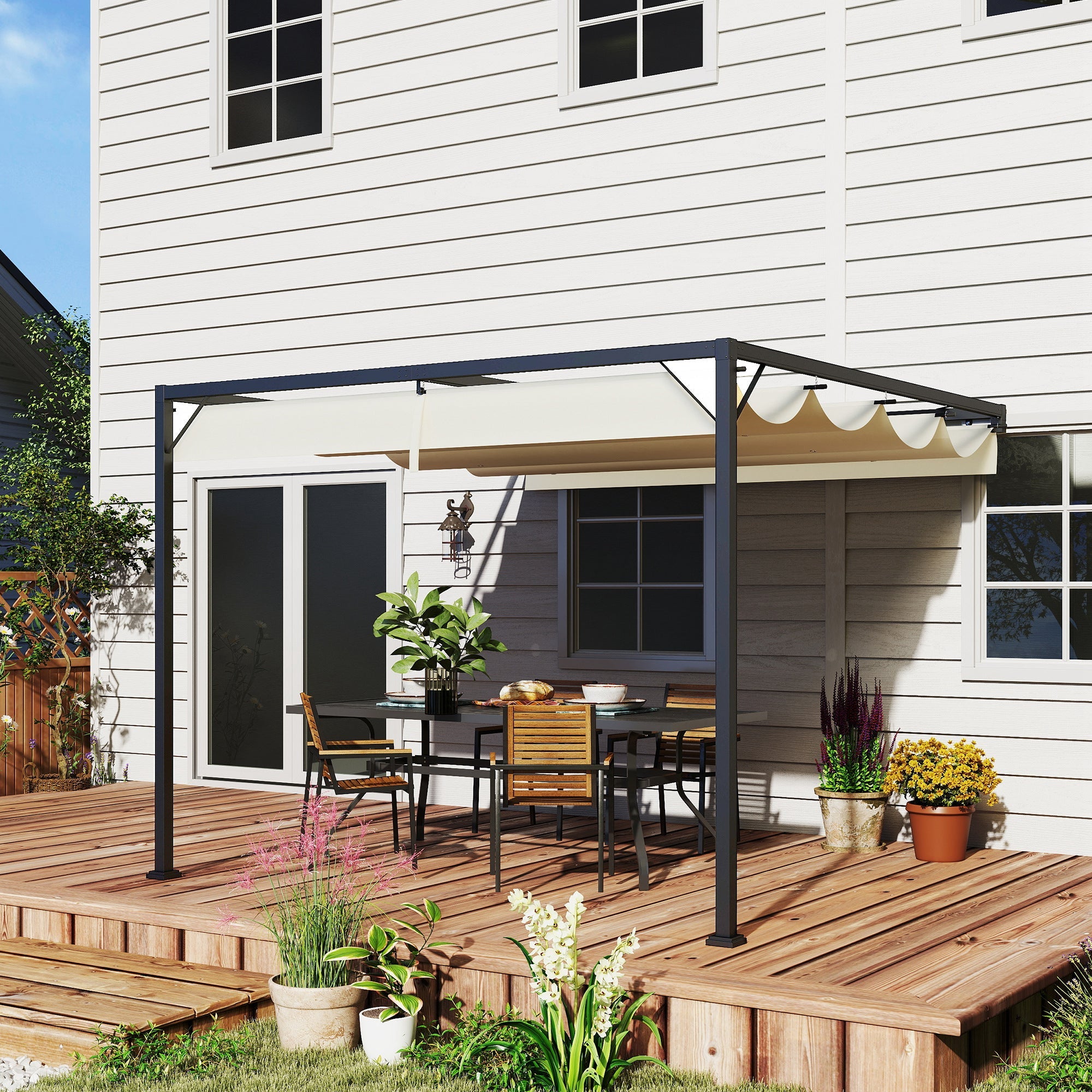 Outsunny 3 x 3(m) Outdoor Pergola with Retractable Canopy -Cream White 