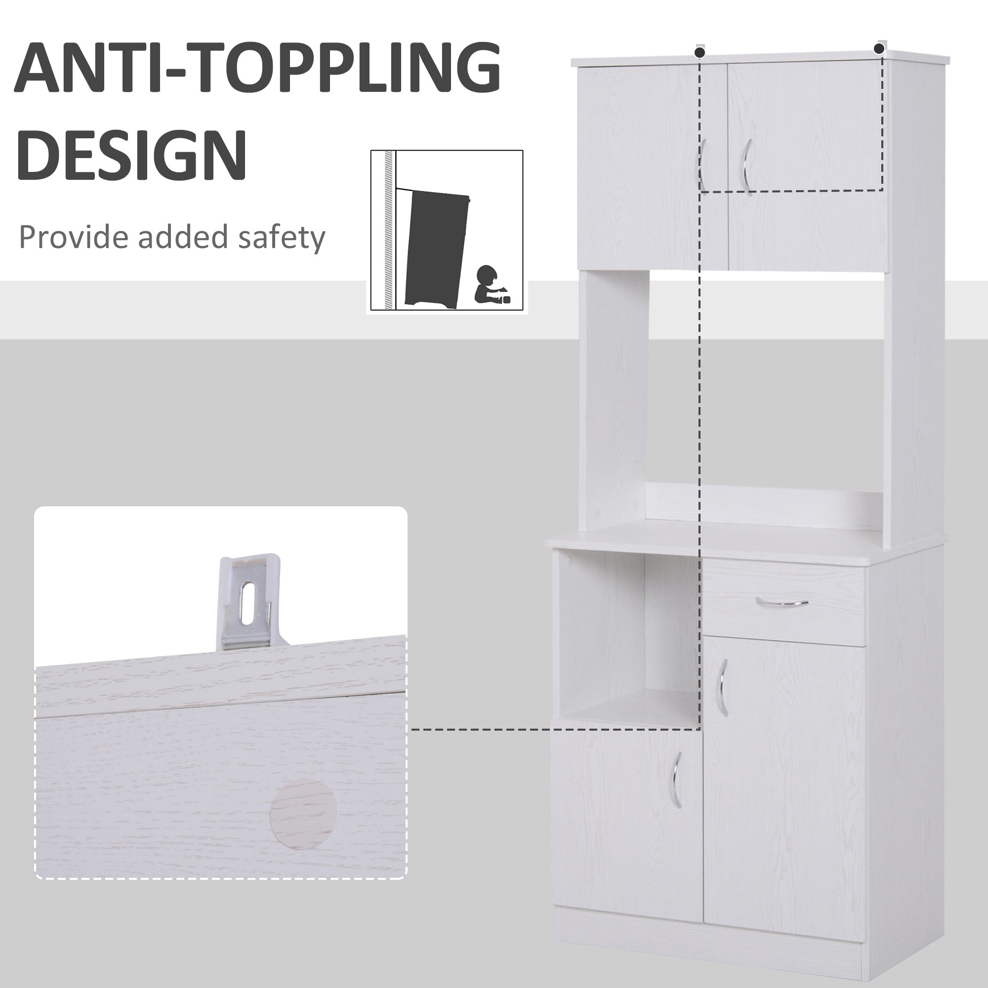 HOMCOM Tall Kitchen Cupboard, Kitchen Cabinet with Doors, Shelves, Drawer and Open Countertop, Storage Cabinet for Living Room, Dining Room, White 