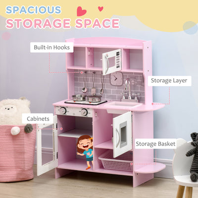 HOMCOM Kids Kitchen Playset, with Lights, Sounds, Microwave, Sink and Storage - Pink 