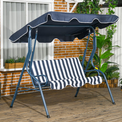 Outsunny 3 Seater Garden Swing Seat Chair Outdoor Bench with Adjustable Canopy and Metal Frame, Blue Stripes 