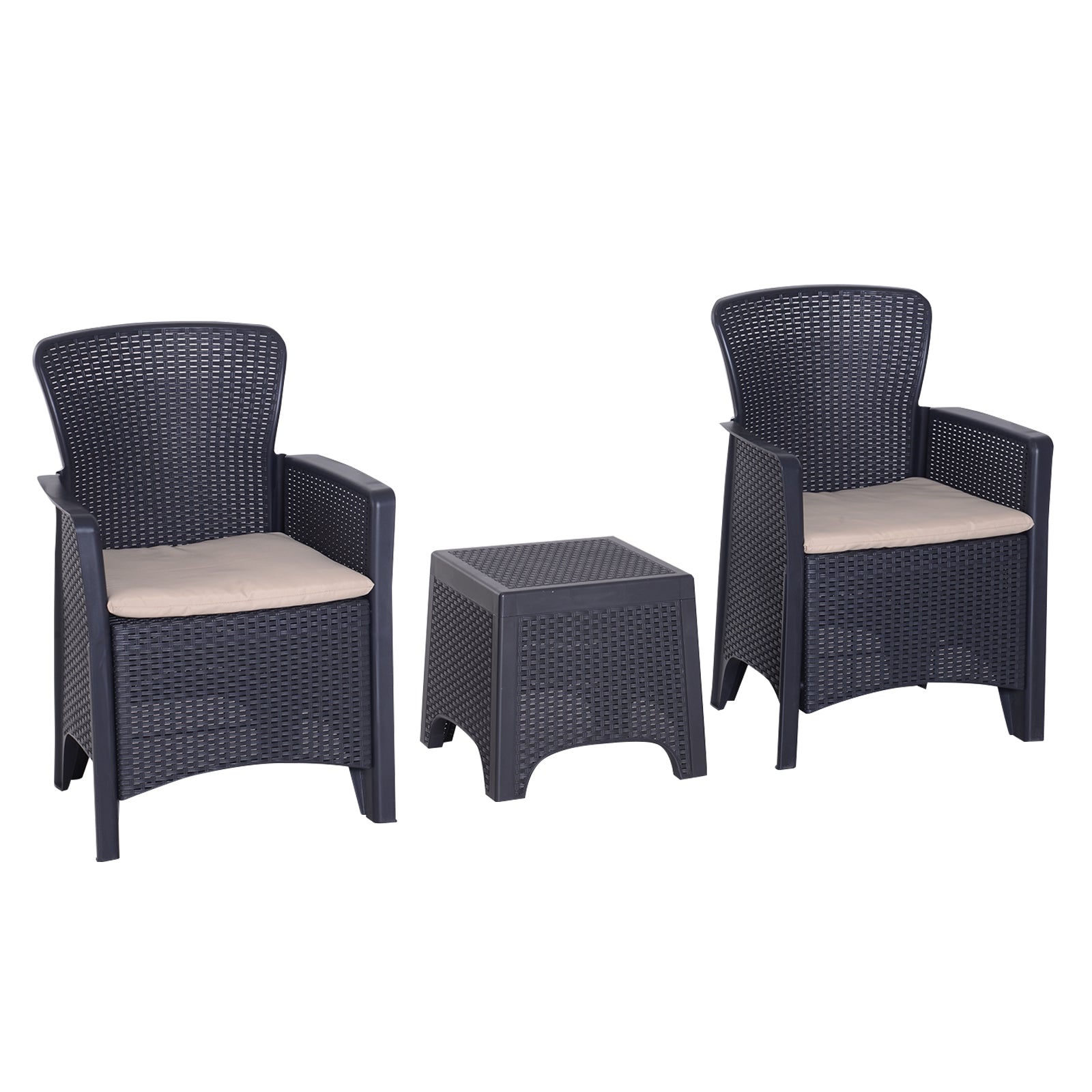 Outsunny 3 PCS Rattan Effect Garden Bistro Set  2 Chairs & Coffee Table Set with Cushion Patio Lawn Balcony Furniture - Dark Brown 