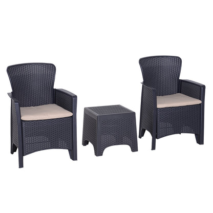 Outsunny 3 PCS Rattan Effect Garden Bistro Set  2 Chairs & Coffee Table Set with Cushion Patio Lawn Balcony Furniture - Dark Brown 