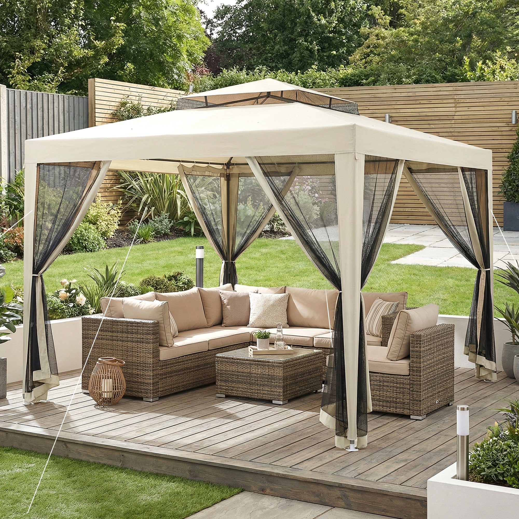 Outsunny 3 x 3 m Gazebo, Netting Party Tent, Patio Canopy Outdoor Event Shelter with Double Tier Roof, Beige 
