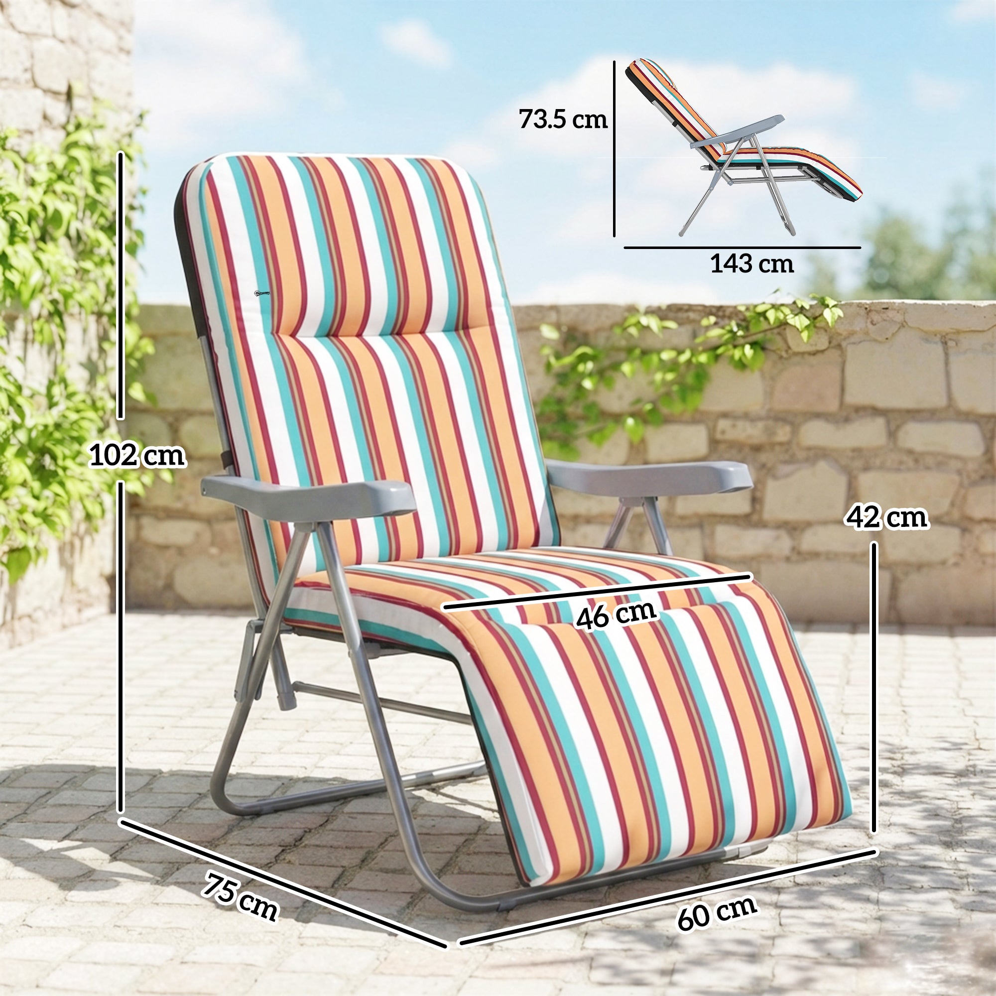Outsunny Set of 2 Foldable Patio Sun Lounger with Adjustable Backrest and Cushion, Multicoloured 