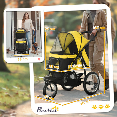 PawHut Foldable Pet Stroller Jogger, with Three Wheels, Canopy, for Medium and Small Dogs, Yellow 