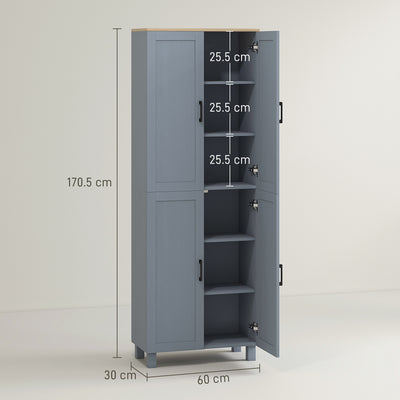 HOMCOM Freestanding Kitchen Cupboard, 4-Door Storage Cabinet with Adjustable Shelves, Modern Kitchen Pantry for Dining Room, 170cm, Grey Wood Effect 