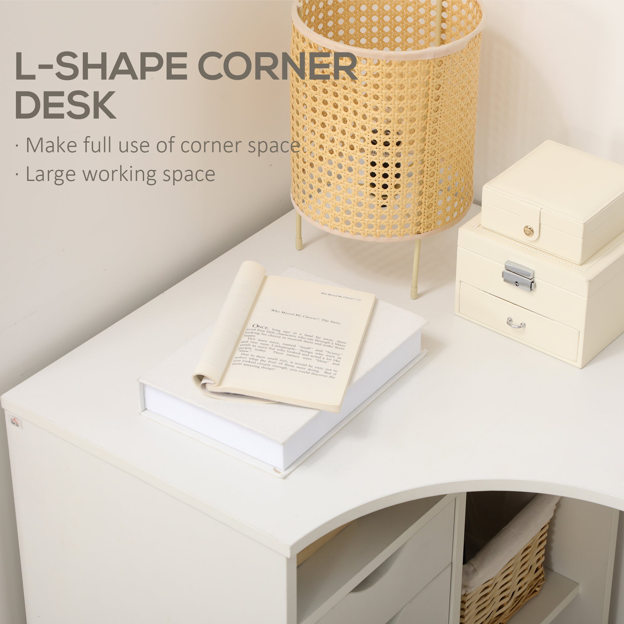 HOMCOM L Shaped Desk, 120cm Computer Desk, Corner Desk with 2 Drawers and 3 Storage Compartments for Home Office, Study Workstation, White 