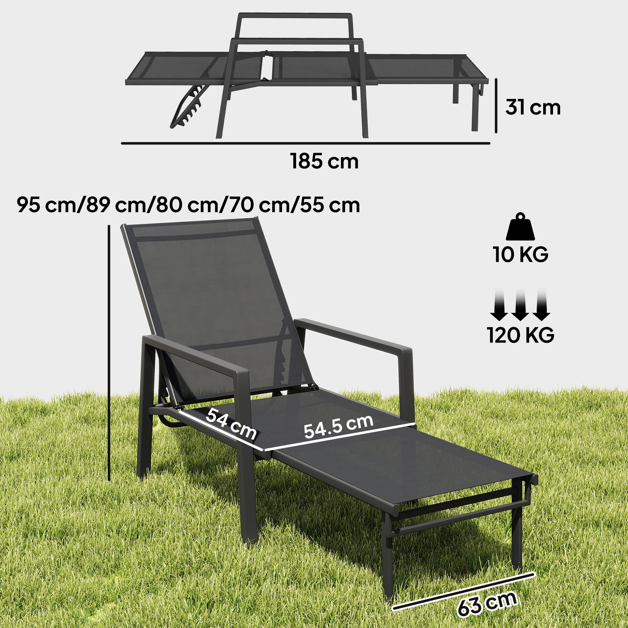 Outsunny Sun Lounger Retractable Footrest 5-Position Adjustable Steel Frame for Beach, Porch, Patio, Camping, Black 