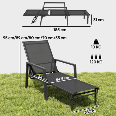 Outsunny Sun Lounger Retractable Footrest 5-Position Adjustable Steel Frame for Beach, Porch, Patio, Camping, Black 