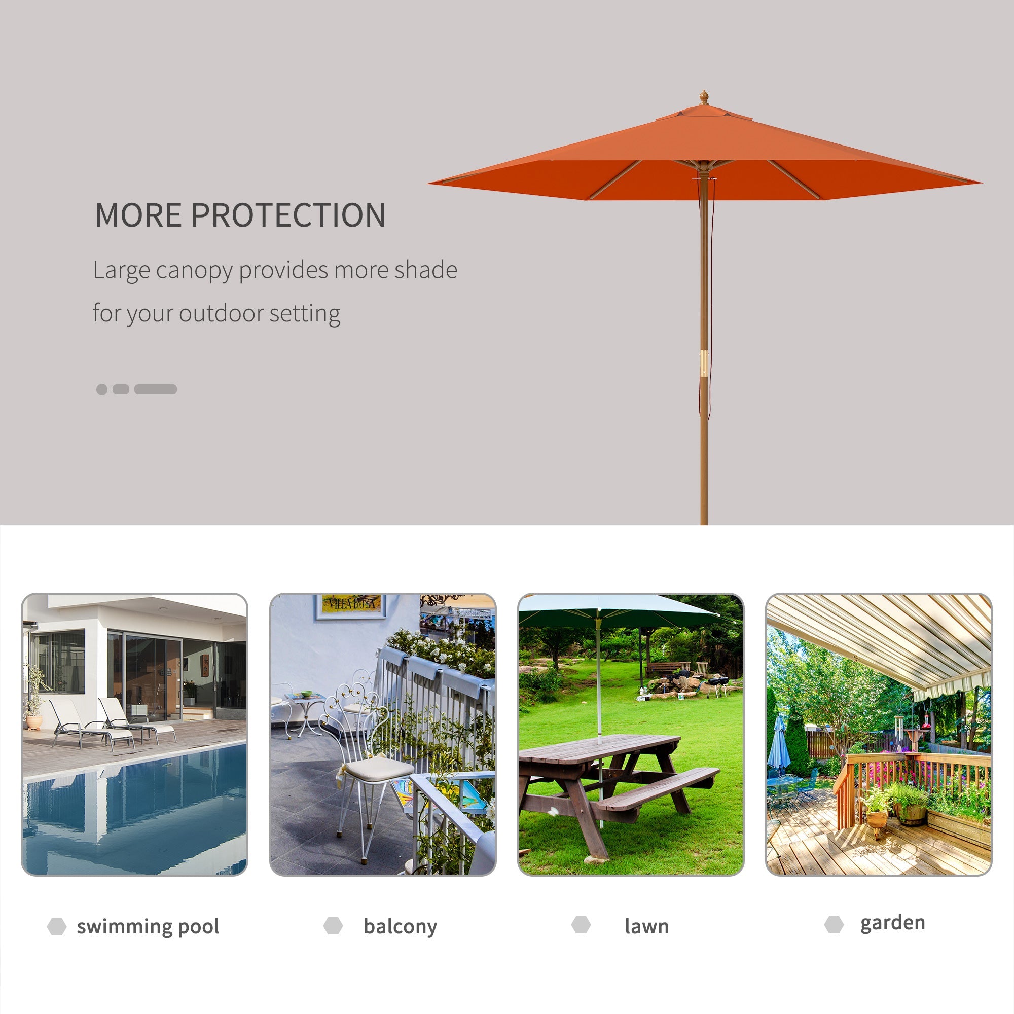 Outsunny 2.5m Wood Garden Parasol Sun Shade Patio Outdoor Wooden Umbrella Canopy Orange 