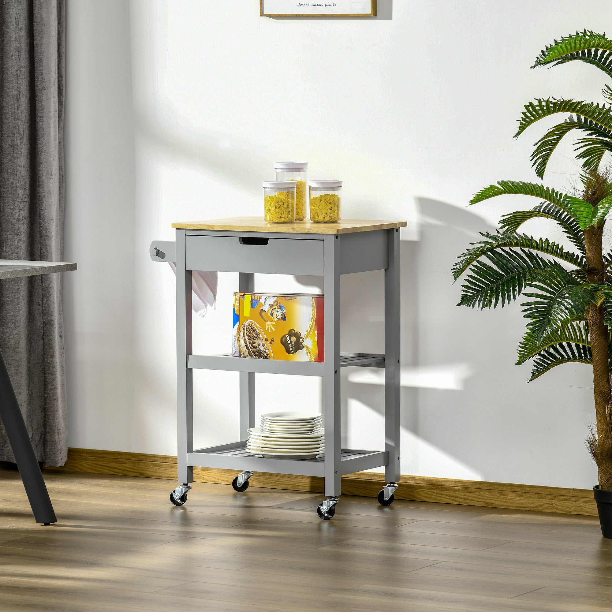 HOMCOM Kitchen Trolley Utility Cart on Wheels with Rubberwood Worktop, Towel Rack, Storage Shelves & Drawer for Dining Room, Grey 