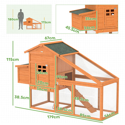 PawHut Wooden Chicken Coop with Run, Nesting Box, Slide-out Tray, Ramp, Perches, Asphalt Roof, 179 x 67 x 115cm 