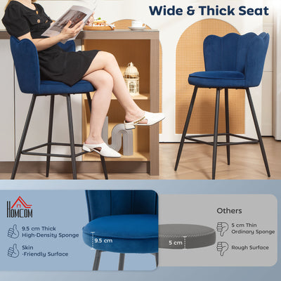 HOMCOM Set of Two Velvet-Feel Lotus Bar Stools - Dark Blue 