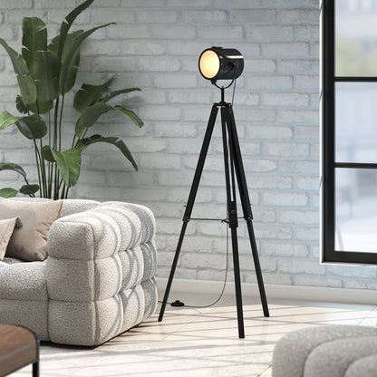 HOMCOM Industrial Tripod Floor Lamp, Nautical Searchlight with Adjustable Height, Wood Legs, E14 Lamp Base for Living Room, Bedroom, Black