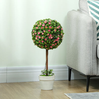 HOMCOM Set of 2 Decorative Artificial Plants, Ball Topiary Tree with Rose Flower in Pot, Fake Plants for Home Indoor Outdoor Decor, 60cm, Pink 