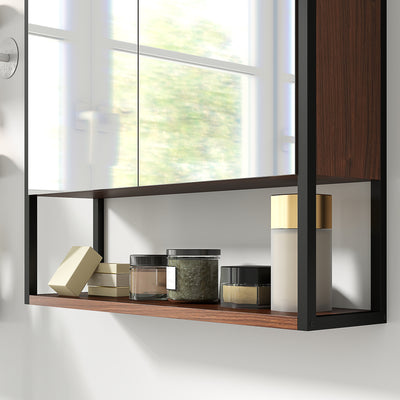 HOMCOM Bathroom Mirror Cabinet with Soft-Close Doors and Adjustable Shelf - Natural Wood Finish 