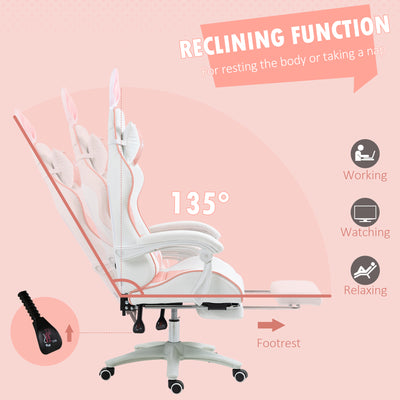Vinsetto Racing Gaming Chair, Reclining PU Leather Computer Chair with Removable Rabbit Ears, Footrest, Headrest and Lumber Support, Pink 