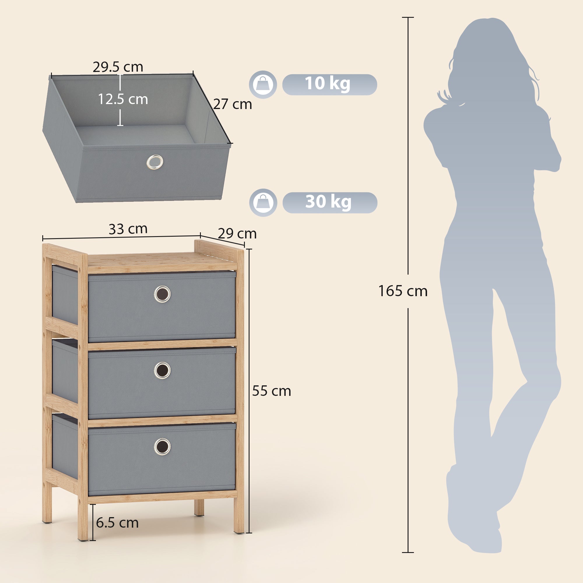 HOMCOM Chest of Drawers, 3 Fabric Drawers Narrow Dresser with Bamboo Frame, Light Grey 