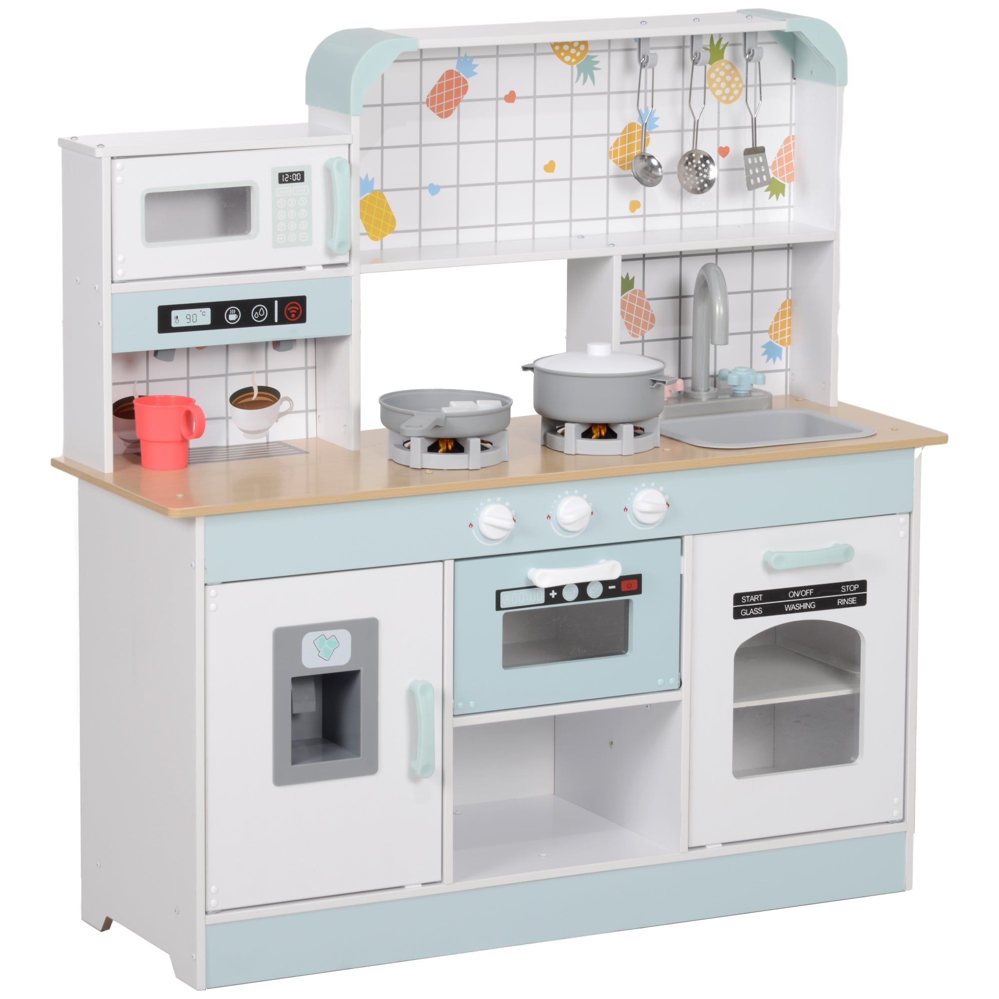 AIYAPLAY Toy Kitchen, Pretend Role Play Kitchen with Hob, Sound and Light, Coffee Machine, Ice Maker, Microwave 
