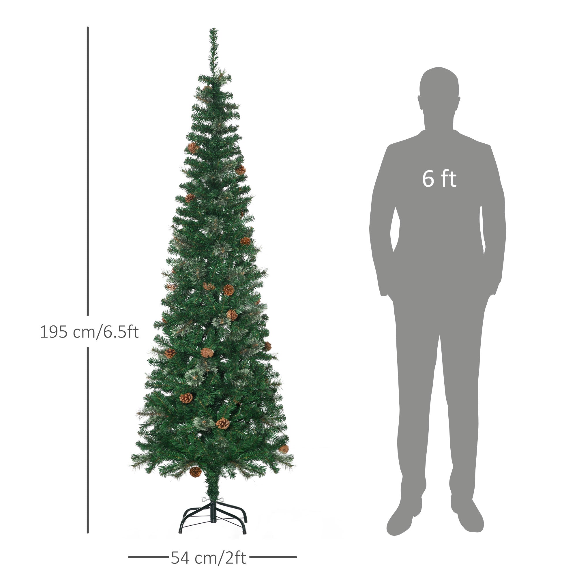 HOMCOM 6.5FT Tall\'c2\'a0Pencil Slim Artificial Christmas Tree with\'c2\'a0Realistic\'c2\'a0Branches, Tip Count and Pine Cones, Pine Needles Tree, Xmas\'c2\'a0Decoration, Green