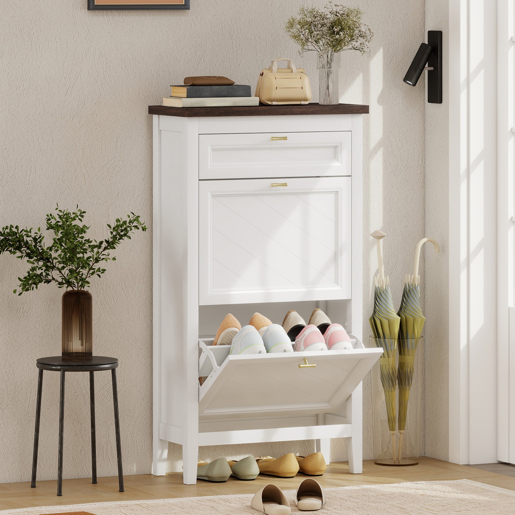 HOMCOM Shoe Cabinet with 2 Flip Drawers, Farmhouse Narrow Shoe Storage Cabinet with Adjustable Shelves, White 
