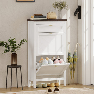 HOMCOM Shoe Cabinet with 2 Flip Drawers, Farmhouse Narrow Shoe Storage Cabinet with Adjustable Shelves, White 