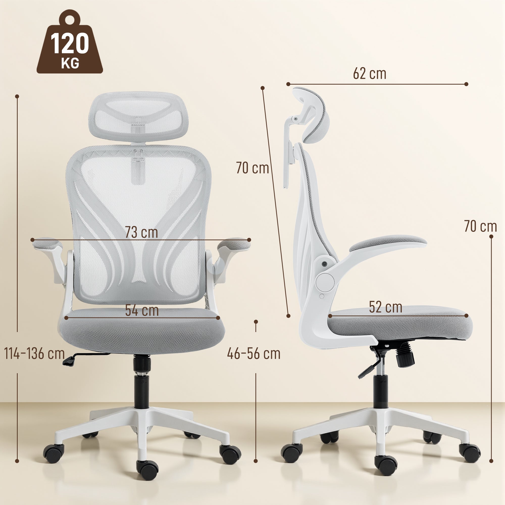 HOMCOM Ergonomic Office Chair with Foldable Backrest, 2D Headrest - Light Grey 