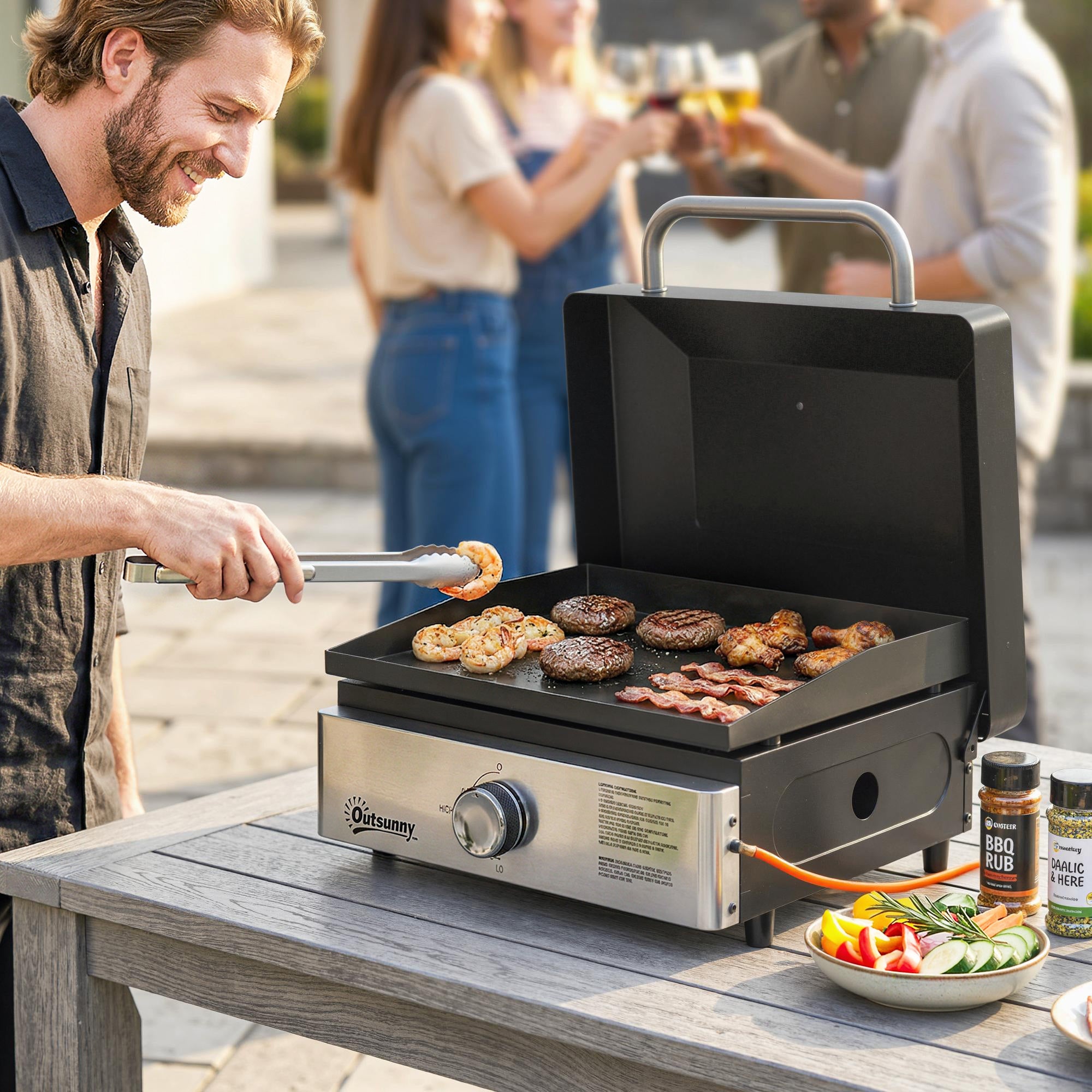 Outsunny Grill Griddle, Portable Gas Plancha, 3.5 kW, Tabletop Gas BBQ with Grease Cup for Camping Picnic Patios, Black 