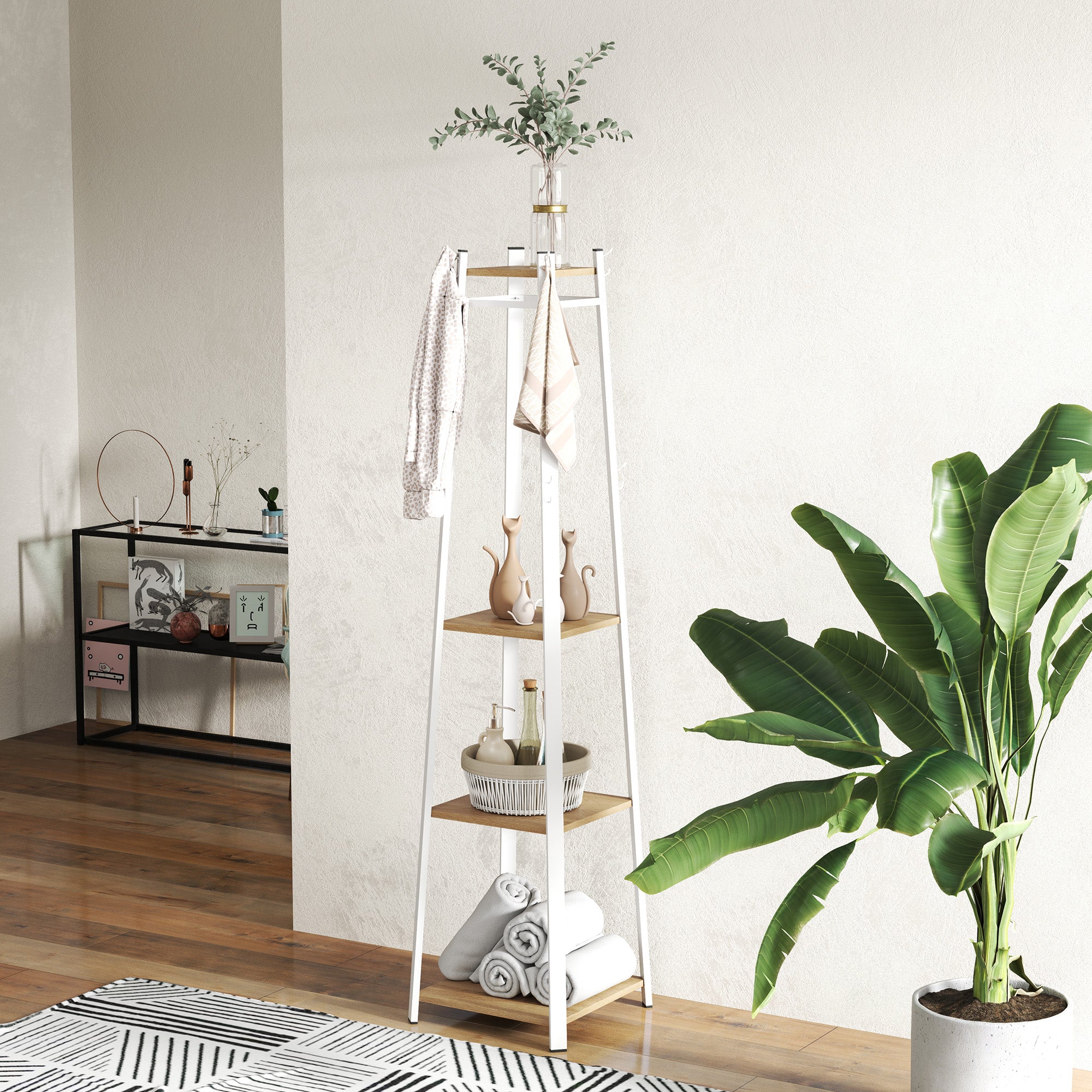 HOMCOM Compact Freestanding Coat Rack -  White/Oak